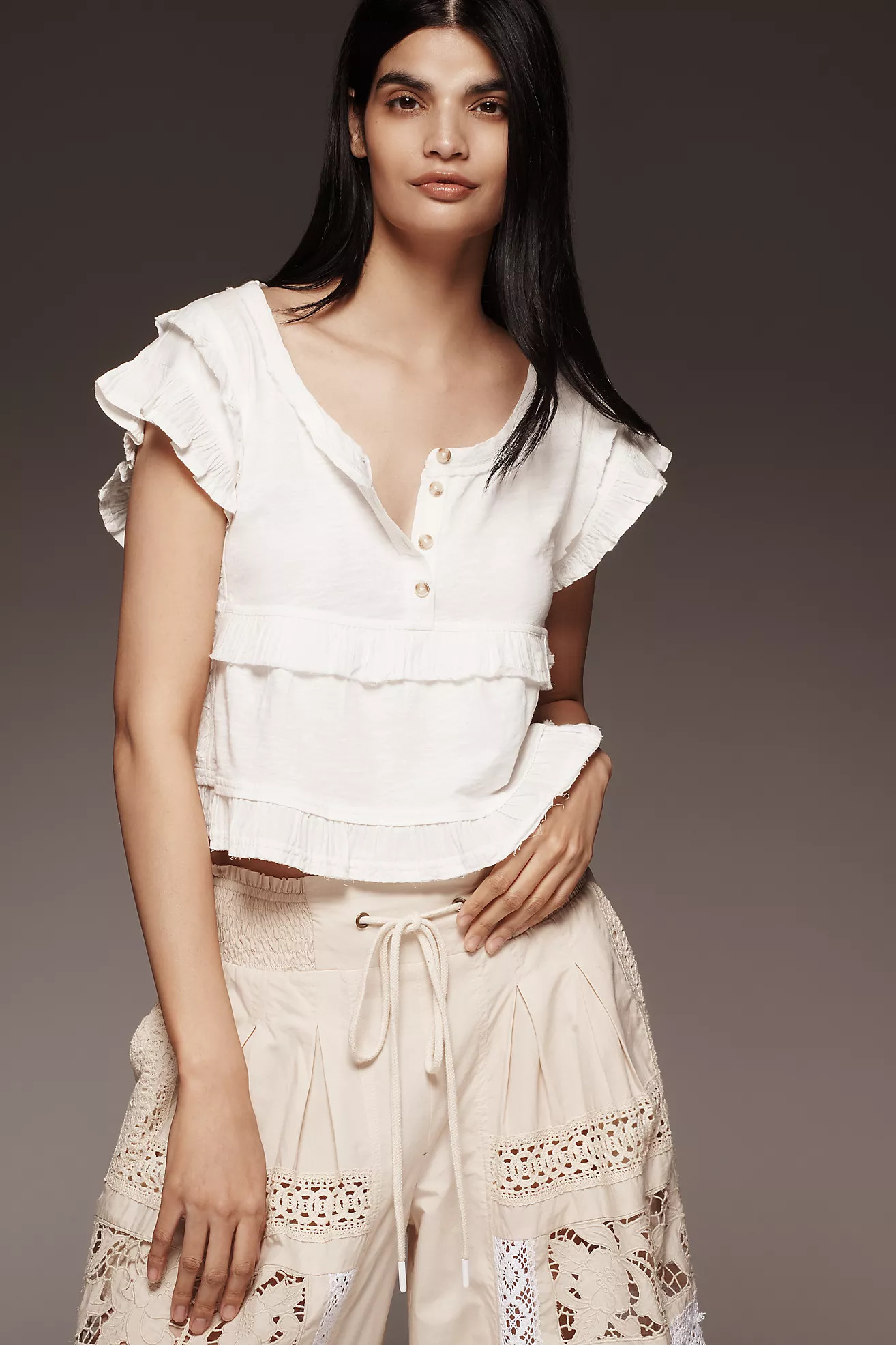 Pilcro Short Sleeve Ruffle-Trim Henley Baby Tee | Anthropologie (US)