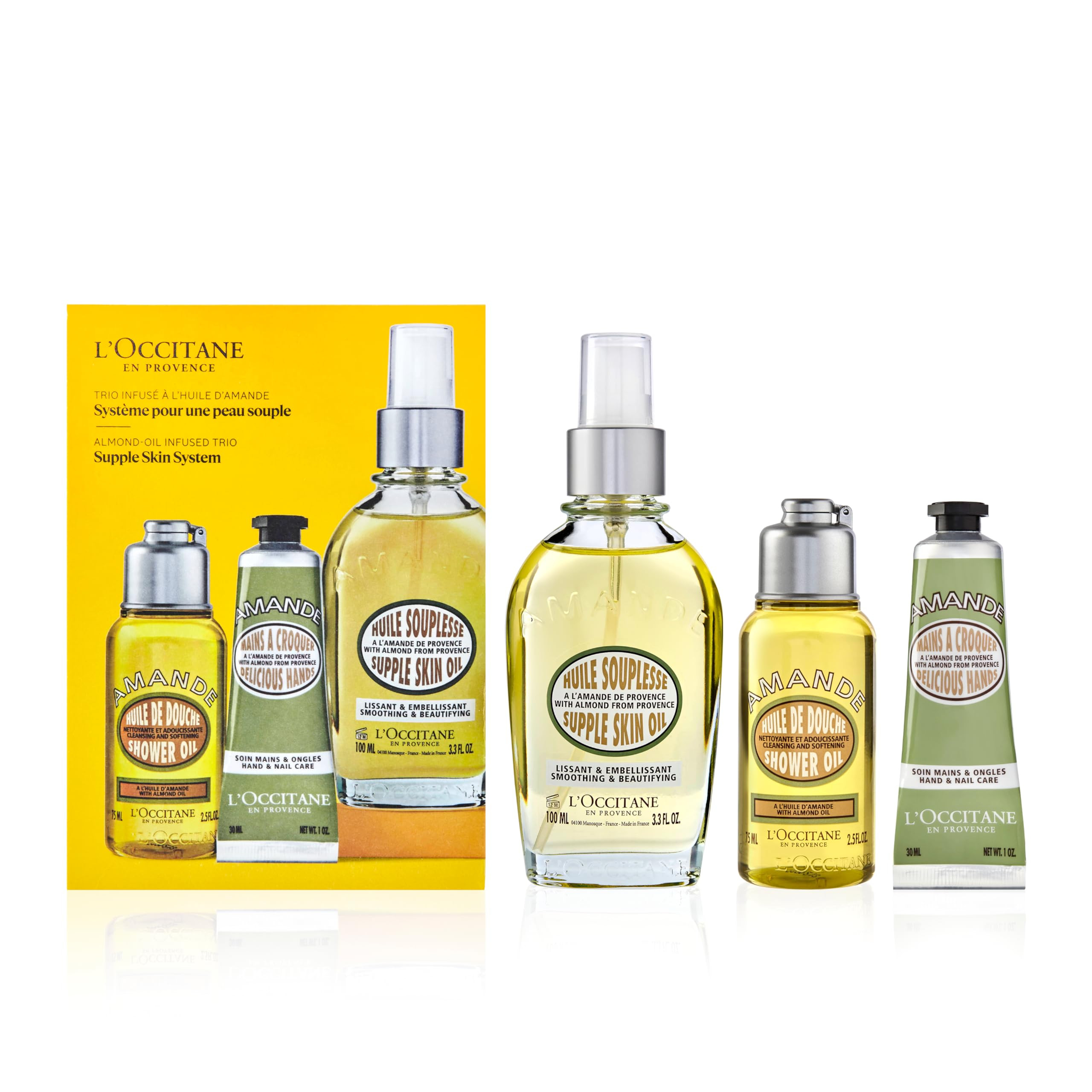 L'Occitane Supple Skin System: Hydrate & Soften, Almond Oil Infused Trio Featuring Almond Supple Skin Oil, Almond Shower Oil, and Almond Delicious Hand & Nail Care Lotion, Bath and Body Gift Set | Amazon (US)