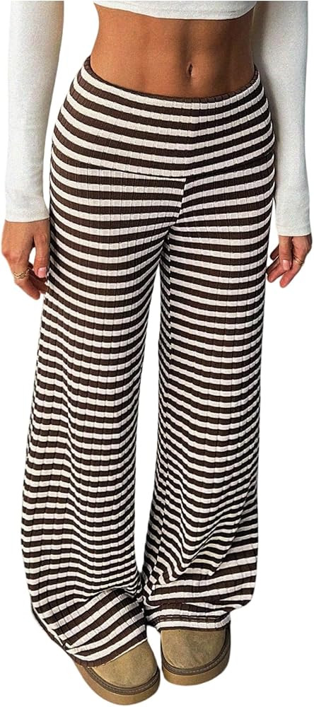 Women's Striped Ribbed Knit Wide Leg Pants Foldover Elastic Waist Casual Lounge Trousers | Amazon (US)