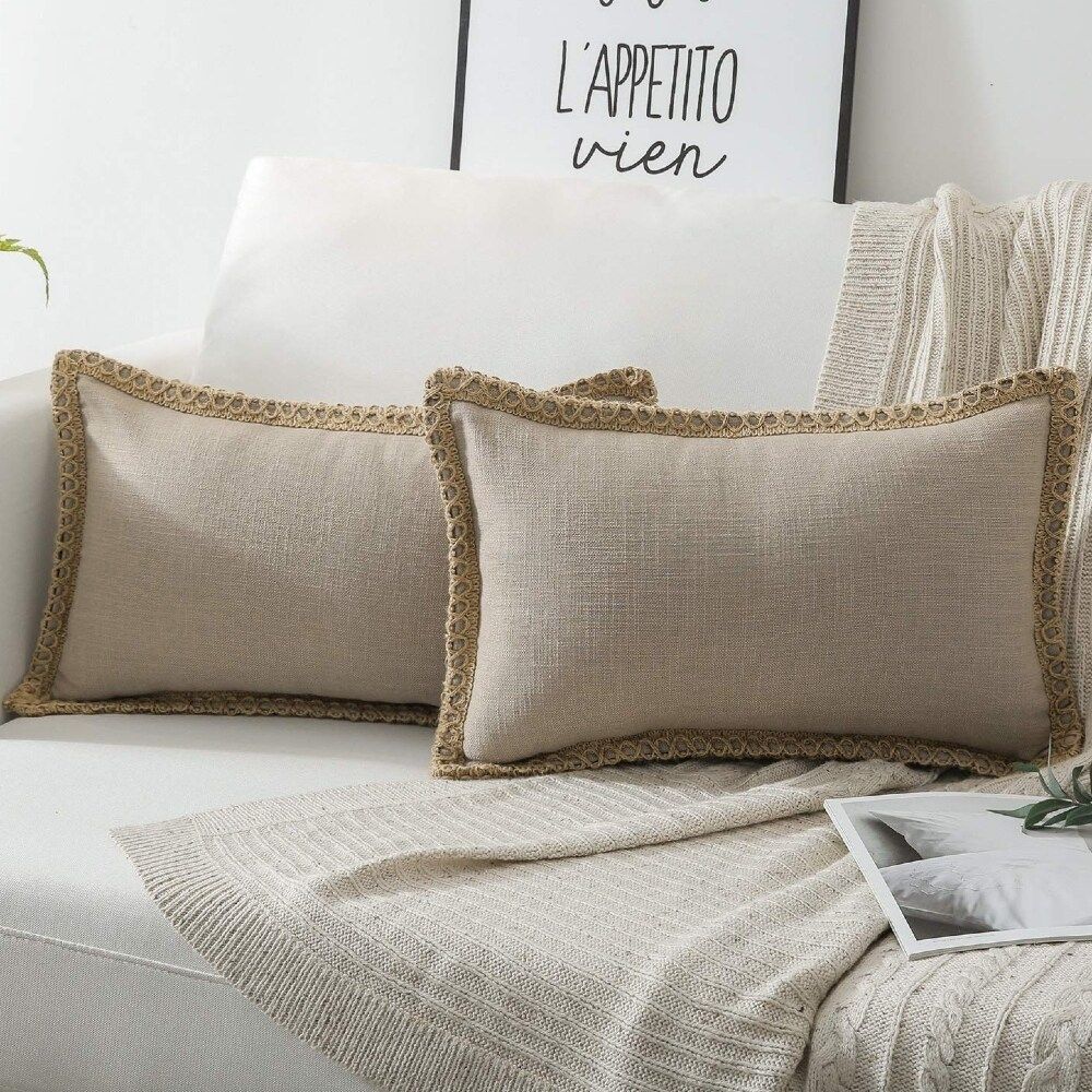 Pack of 2 Burlap Linen Trimmed Edges Throw Pillow Case Beige 12" x 20 | Bed Bath & Beyond