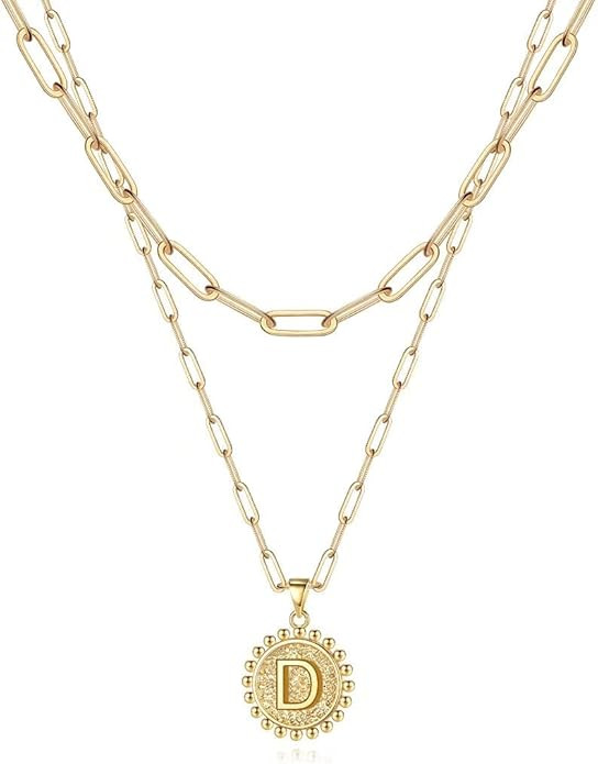 Ursteel Layered Initial Necklaces for Women - 14K Gold Plated Dainty Layering Paperclip Chain Nec... | Amazon (US)