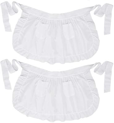 LilMents Twin Pack Retro Kitchen Ruffles Waist Apron with Pockets (White) | Amazon (US)