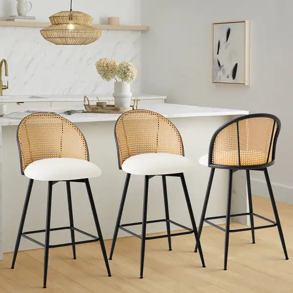 Swivel Upholstered Counter/Bar Stool with Rattan Back | Bed Bath & Beyond