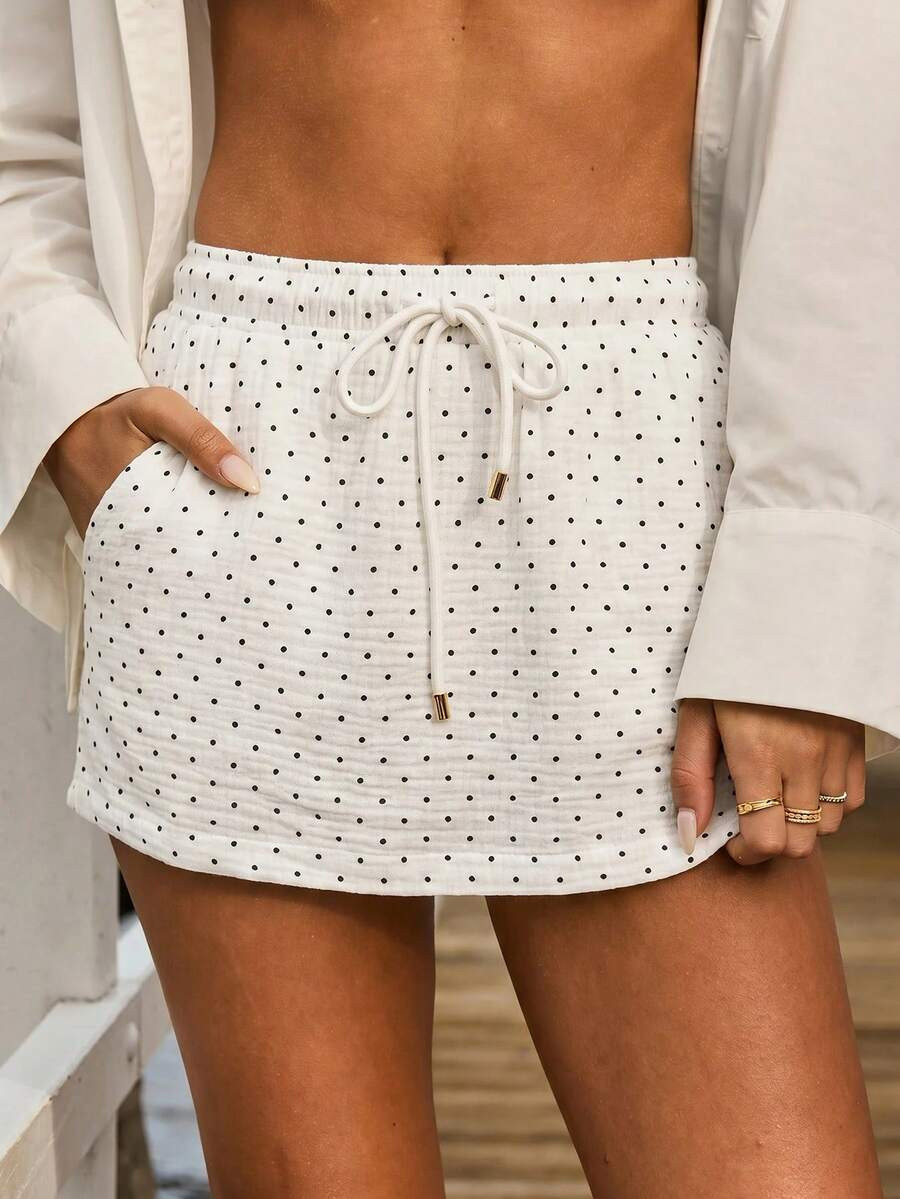 Aralina Women White Polka Dot Mini Skirt Drawstring Elastic Waist Pocket Casual Beach Vacation Go... | SHEIN