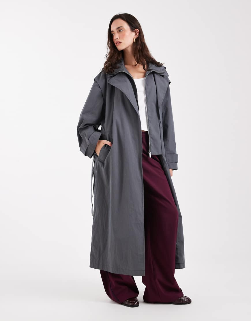 ASOS DESIGN double layer hooded trench coat in gray | ASOS (Global)
