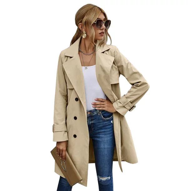 Women Solid Color Long Sleeve Lapel Double Breasted Belted Trench Coat - Walmart.com | Walmart (US)