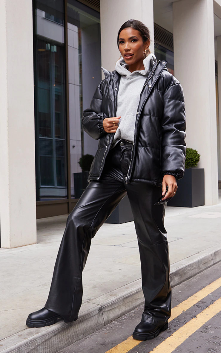 Black Hooded Pocket Front Faux Leather Puffer | Pretty Little Thing (Australia & New Zealand)