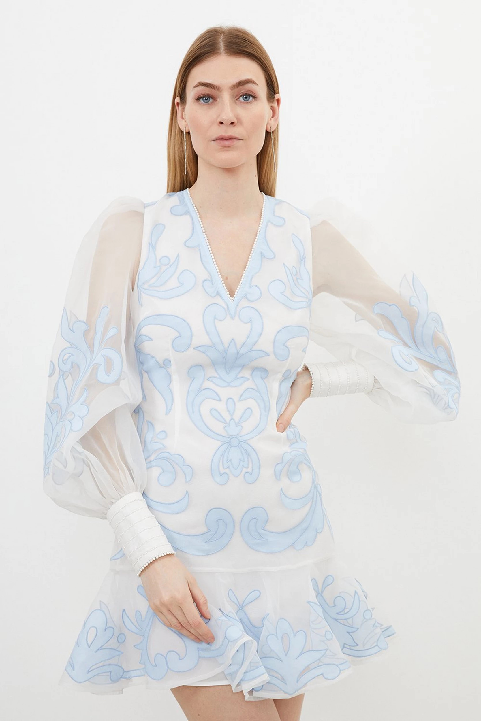 Applique Organdie Buttoned Woven Mini Dress | Karen Millen US