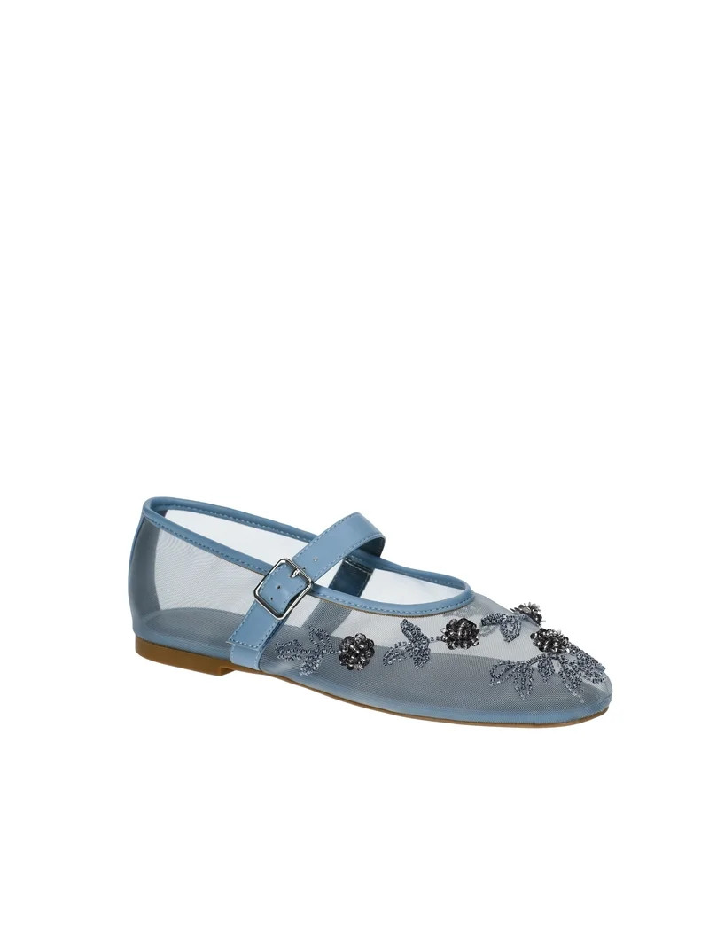 No Boundaries Beaded Mesh Mary Jane Flats, Women's | Walmart (US)
