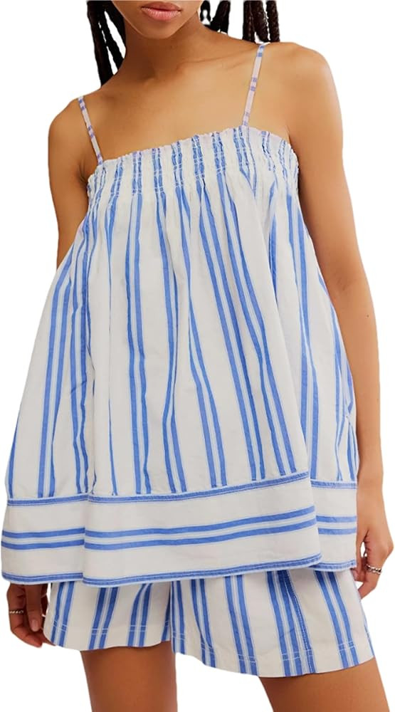 Women's Striped Sleeveless Tunic Tank Top Smocked Spaghetti Strap Color Block Camisole with Pocke... | Amazon (US)