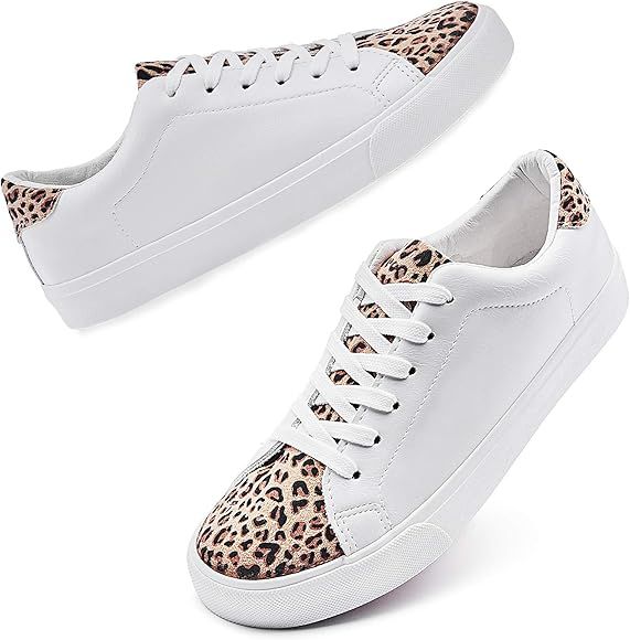 Women's PU Leather Sneakers Low Top White Tennis Shoes Lace up Casual Shoes | Amazon (US)