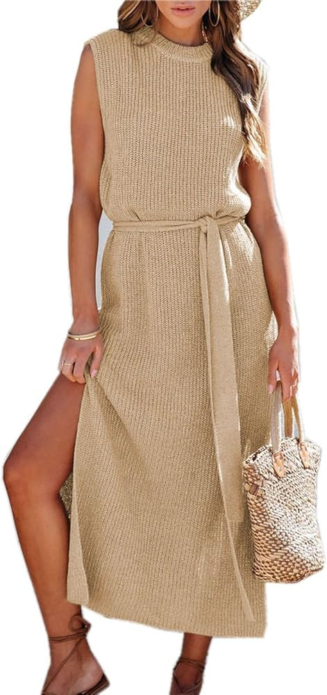Asskdan Womens Elegant Solid A-Line Sleeveless Slit Midi Sweater Knit Dress with Belt | Amazon (US)