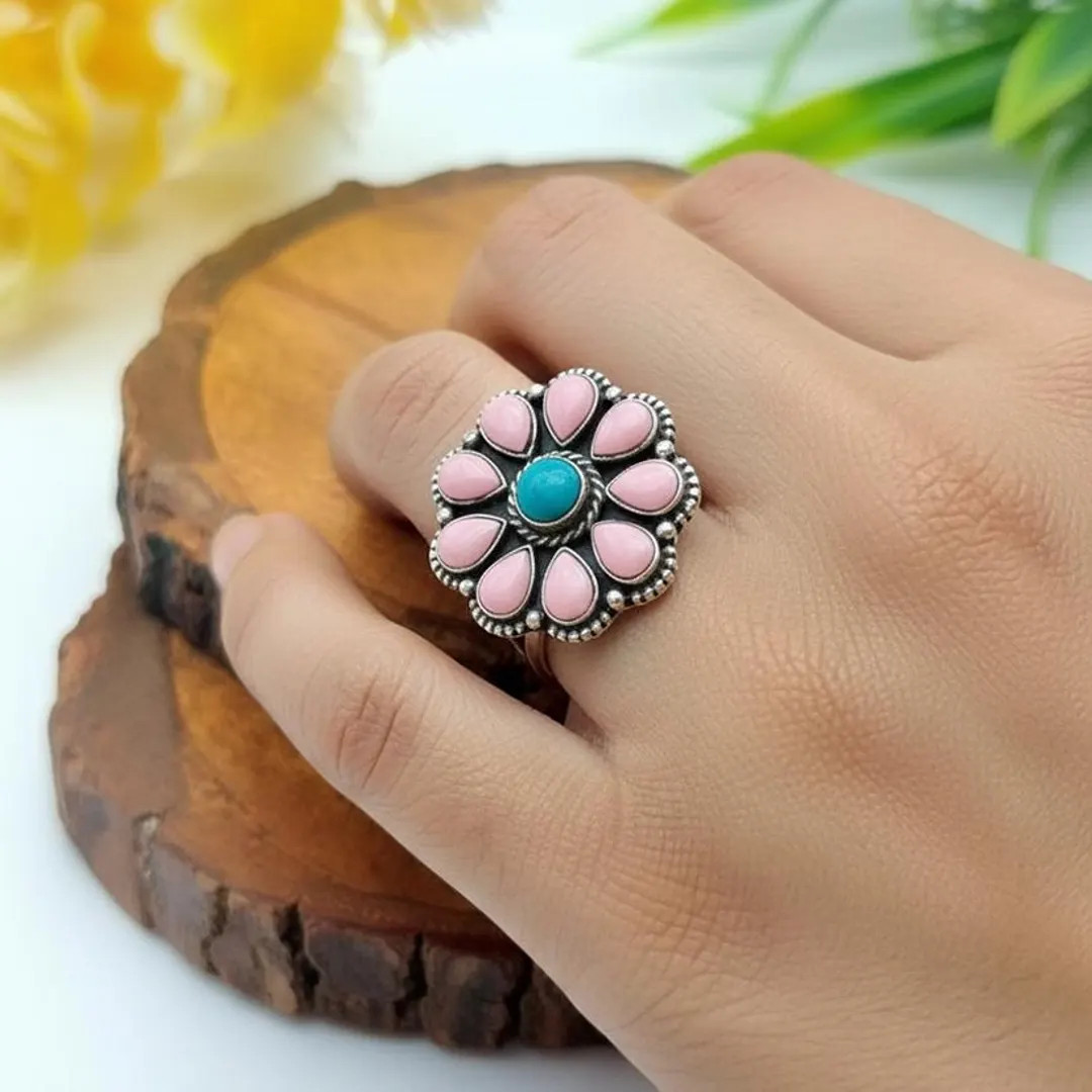 Pink Opal and Sleeping Beauty Turquoise Statement Ring, 925 Sterling Silver Ring, - Etsy | Etsy (US)