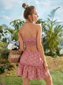 Ditsy Floral Shirred Hem Crop Cami Top With Skirt | SHEIN