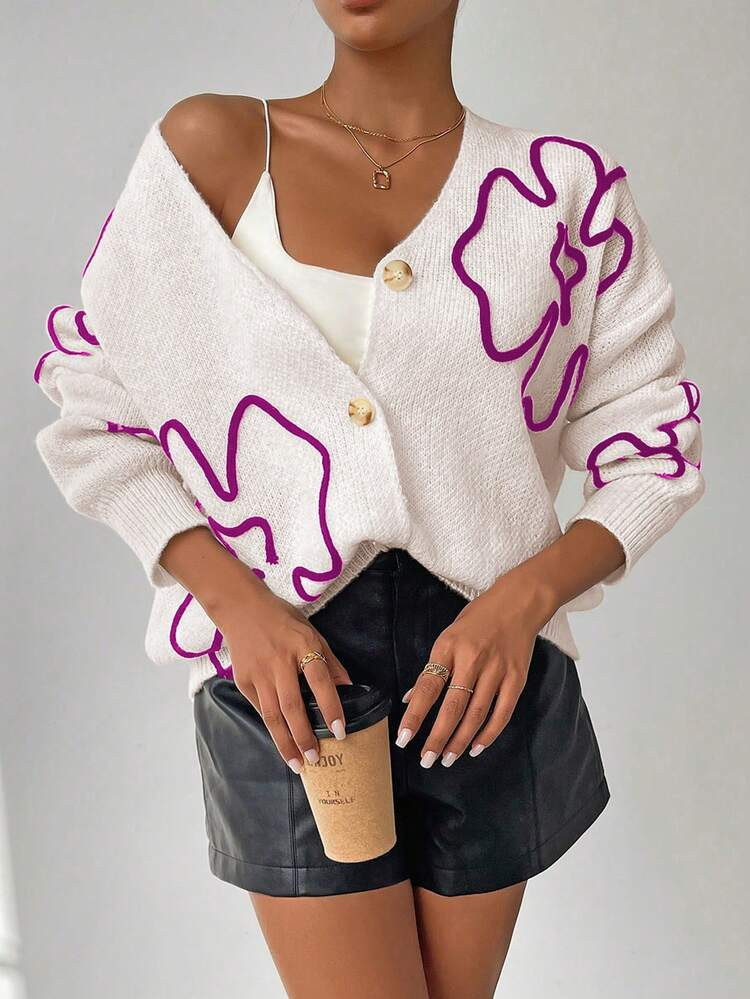 Chiquease Women's Casual Floral Pattern Front Button Dropped Shoulder Cardigan, Autumn/Winter | SHEIN