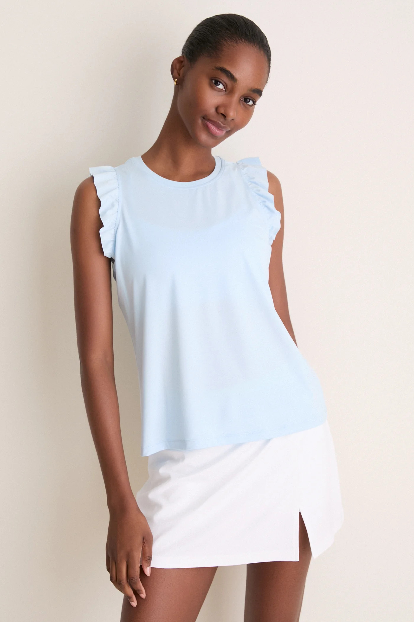 Light Blue Performance Jersey Ruffle Lea Tank | Tuckernuck (US)