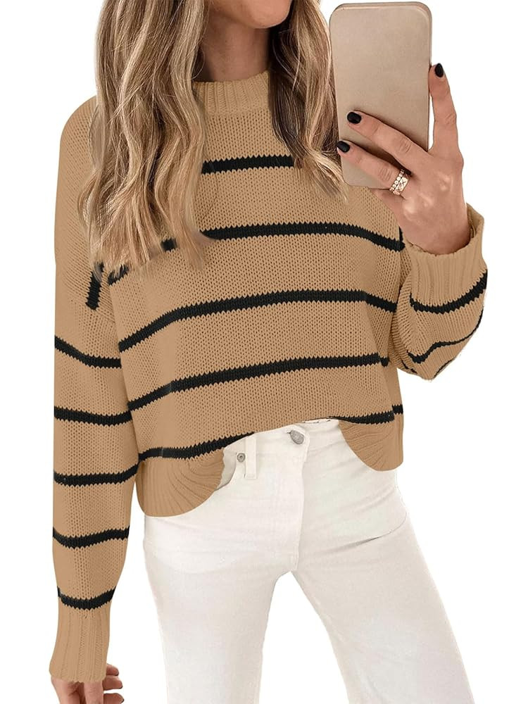 LILLUSORY Womens Cropped Striped Sweater Casual Pullover Ribbed Knit Cute Crewneck Sweaters | Amazon (US)