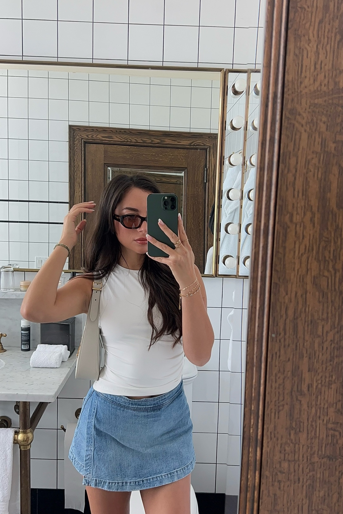 matcha walk attire 

wearing a denim skort from Alice and Olivia, top is edikted (can’t link) added a similar style. 

Bag is YSL and sunnies are vehla🤍

#LTKstyletip #LTKitbag

#LTKSeasonal