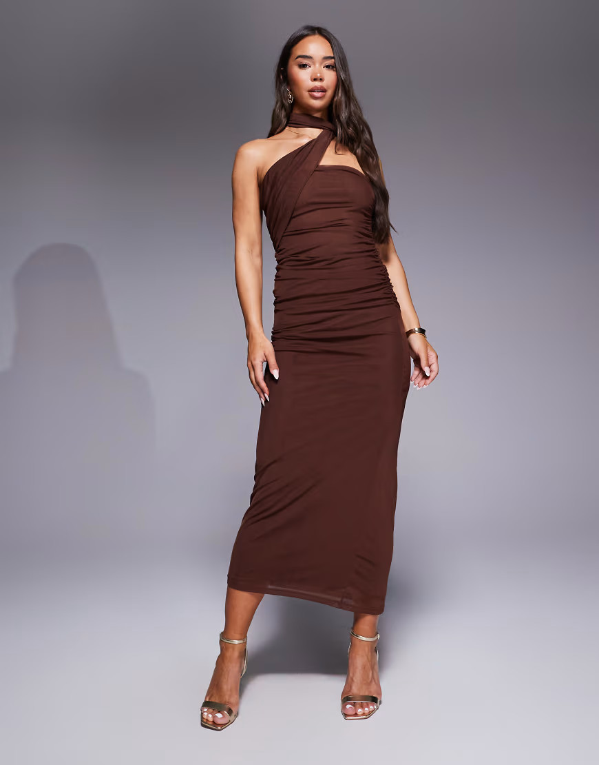ASOS DESIGN bandeau mesh scarf detail maxi dress in brown | ASOS (Global)