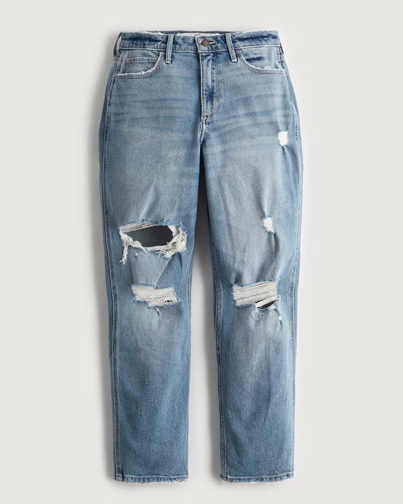Curvy High-Rise Ripped Medium Wash Mom Jeans | Hollister (US)
