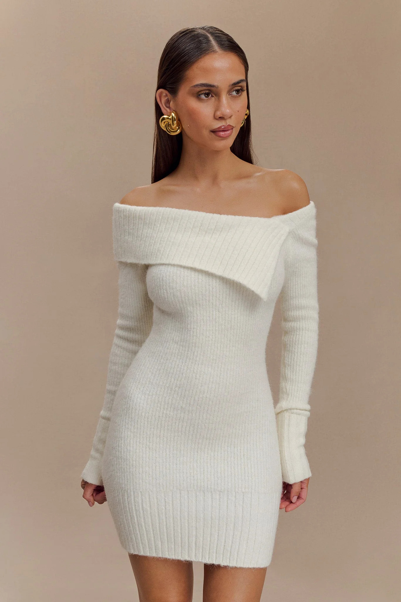 Stephanie Asymmetric Knit Mini Dress - Ivory | MESHKI US