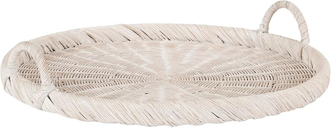 Kate and Laurel Cormont Modern Round Woven Rattan Tray with Handles; 23 Inch Diameter; Whitewash ... | Amazon (US)