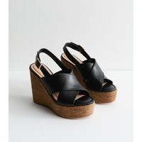 Women's Black Faux Leather Cork Wedge Sandals Vegan New Look | New Look (UK)