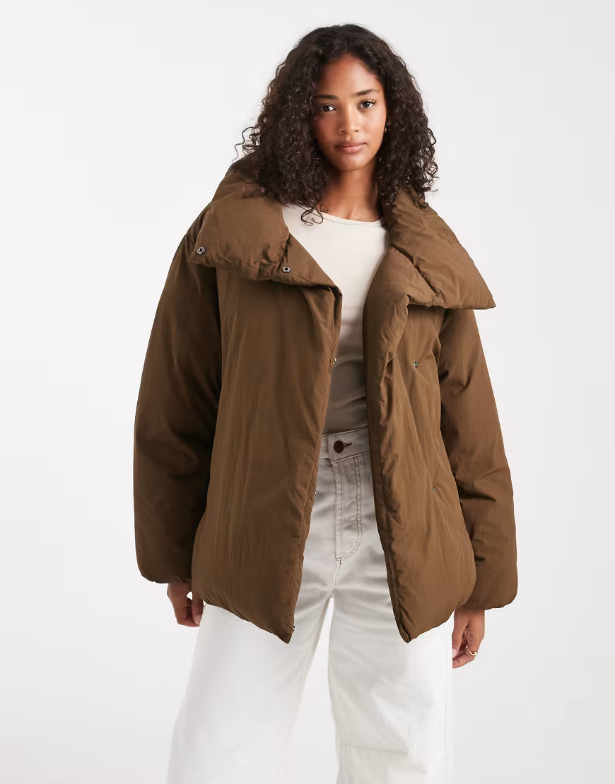 ASOS DESIGN funnel neck clean puffer jacket in olive-Green | ASOS (Global)