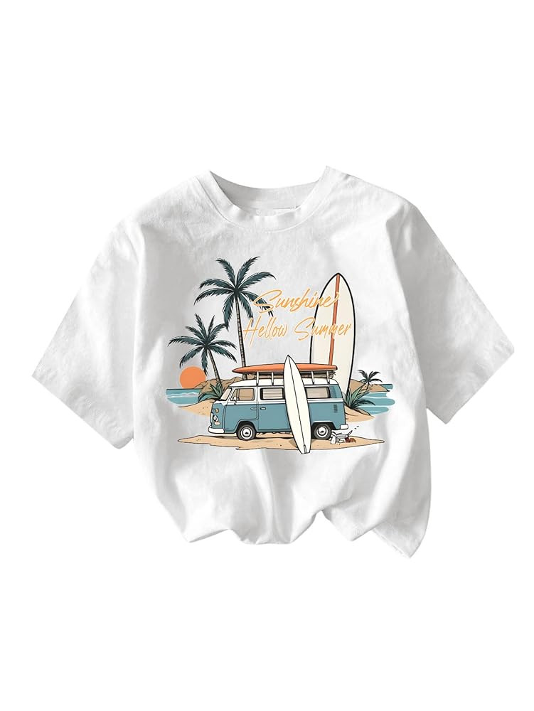 Girl's Graphic Print Tee Shirt Round Neck Short Sleeve T Shirts Summer Cute Trendy Tops | Amazon (US)