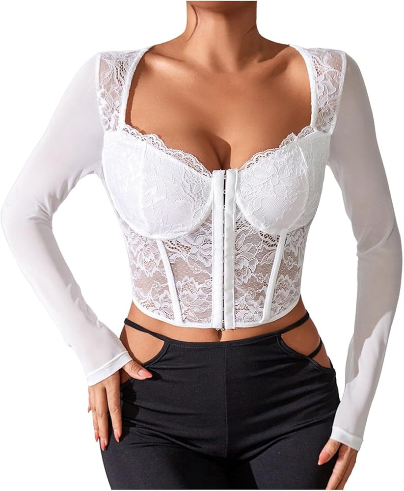 Generisch Women's Long Sleeve Shirt with Collar Lace and Mesh Corset Slim Fit Square Neck Plain | Amazon (UK)
