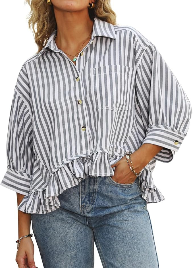 CHYRII Womens Summer Tops Dressy Casual Blouse Top Ruffled Short Sleeve Button Down Striped Shirt | Amazon (US)