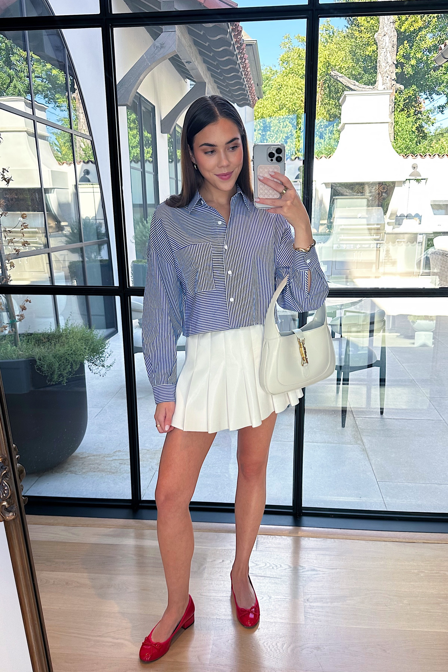 Fall outfit, work outfit, classic style, leather skirt, button-down, ballet, flats, ballet, pump, red ballet flat, red shoes

#LTKstyletip #LTKshoecrush #LTKSeasonal