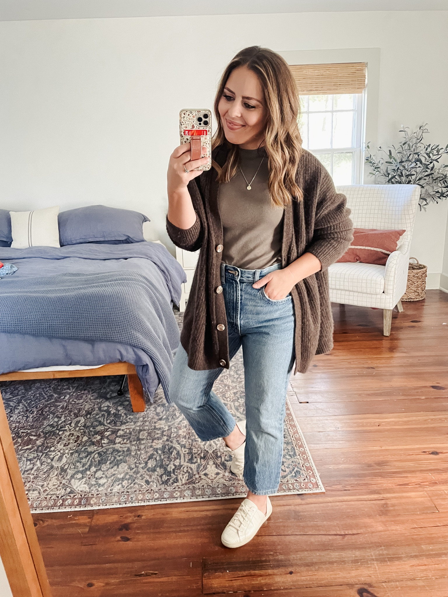 The best cashmere cardigan a fraction of the price of Jenni Kanye’s and so soft.  I’m wearing the XS, fits oversized. Pairs so nicely with this $8 ribbed tee.  Use 15CORI for 15% off these Freda Salvador sneakers.