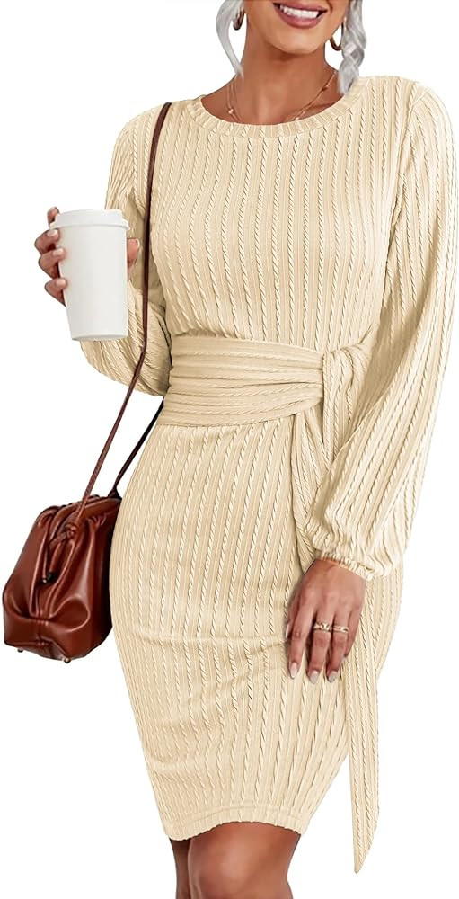 HOTOUCH Women's Casual Knit Dress Long Lantern Sleeve Fall Bodycon Dress Crewneck Tie Waist Rib K... | Amazon (US)