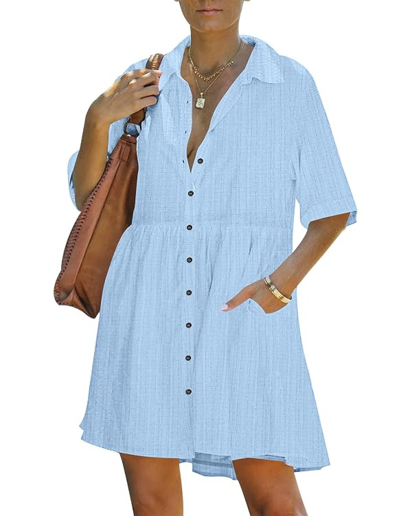 Women's Summer Dress 2026 Short Sleeve Babydoll Tiered Button Down T Shirts Dresses with Pockets | Amazon (US)