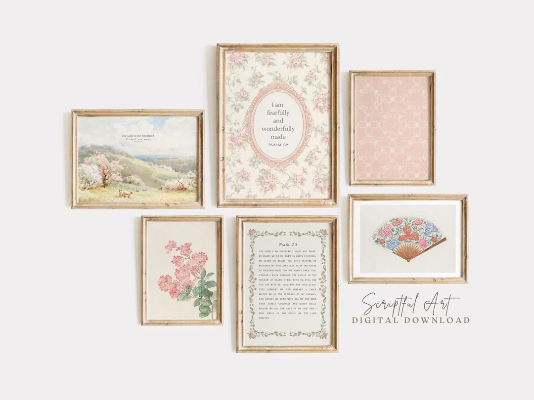Christian Girls Nursery Decor, Set of 6, Pink Vintage Cottagecore Wall Art, Cute Girly Bible Prin... | Etsy (US)
