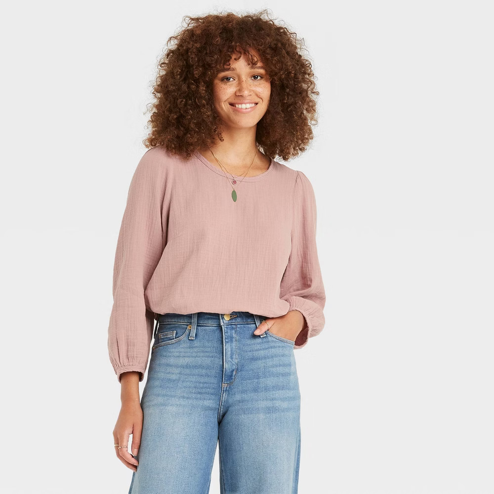 Women's Balloon 3/4 Sleeve Gauze Blouse - Universal Thread Blush XL | Target