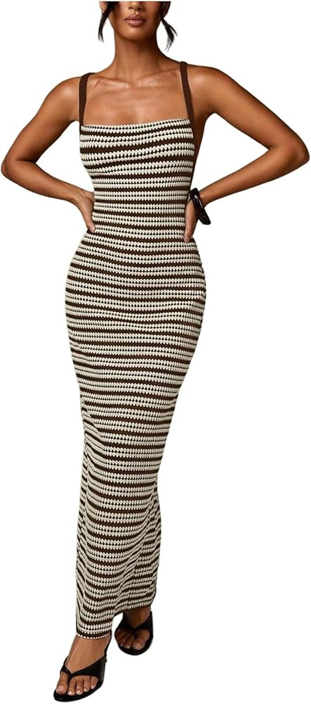 GORGLITTER Women's Crochet Backless Maxi Dress Striped Spaghetti Strap Bodycon Summer Beach Vacat... | Amazon (US)