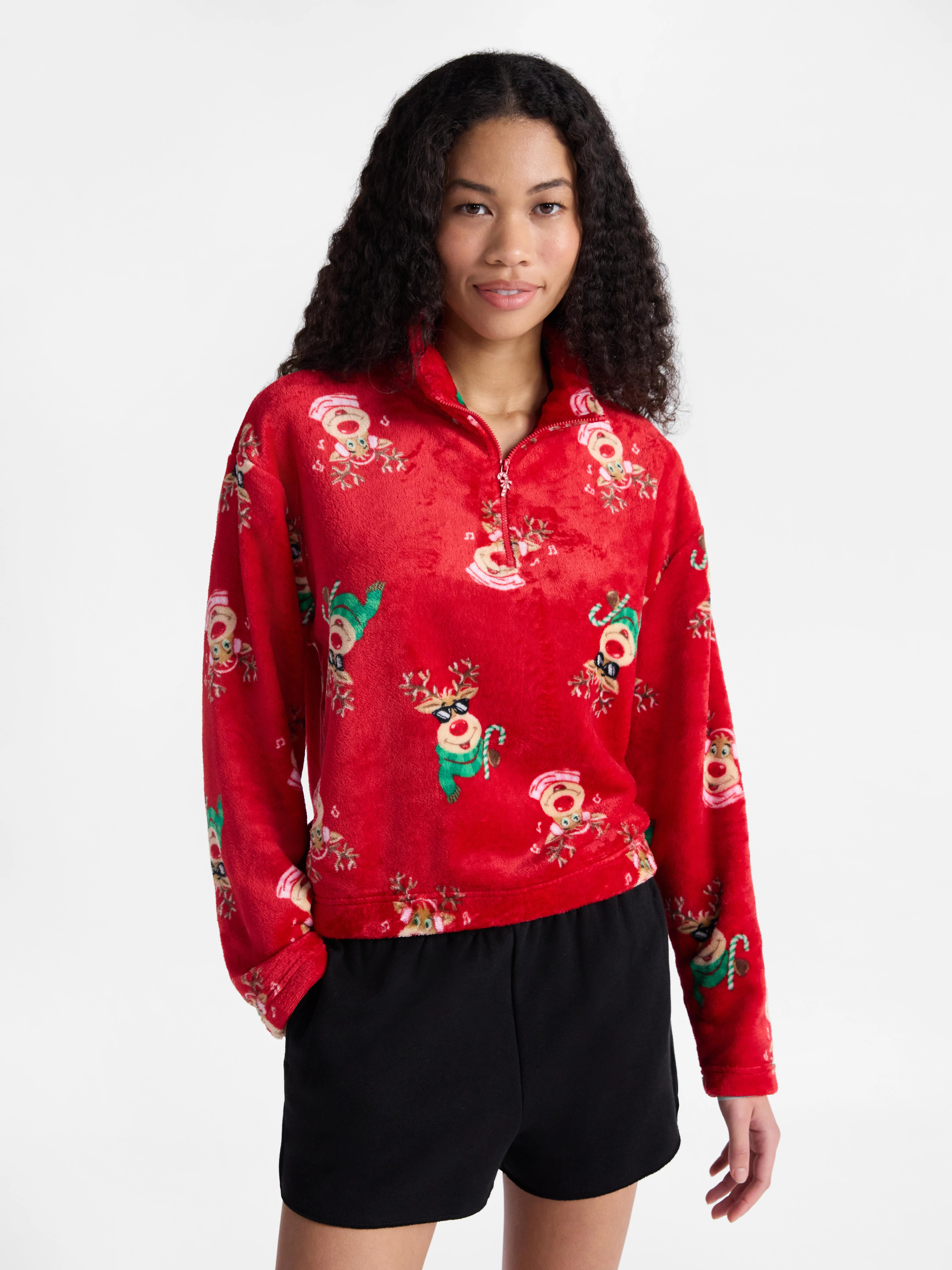 No Boundaries Christmas Quarter Zip Mock Neck Plush Top with Long Sleeves, Women's | Walmart (US)