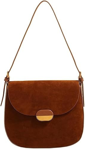 JOLILUNA Burgundy Suede Shoulder Bags For Women Brown Suede Small Trendy Wine Crossbody Bag Saddle Suede Satchel Bag (Brown) | Amazon (US)