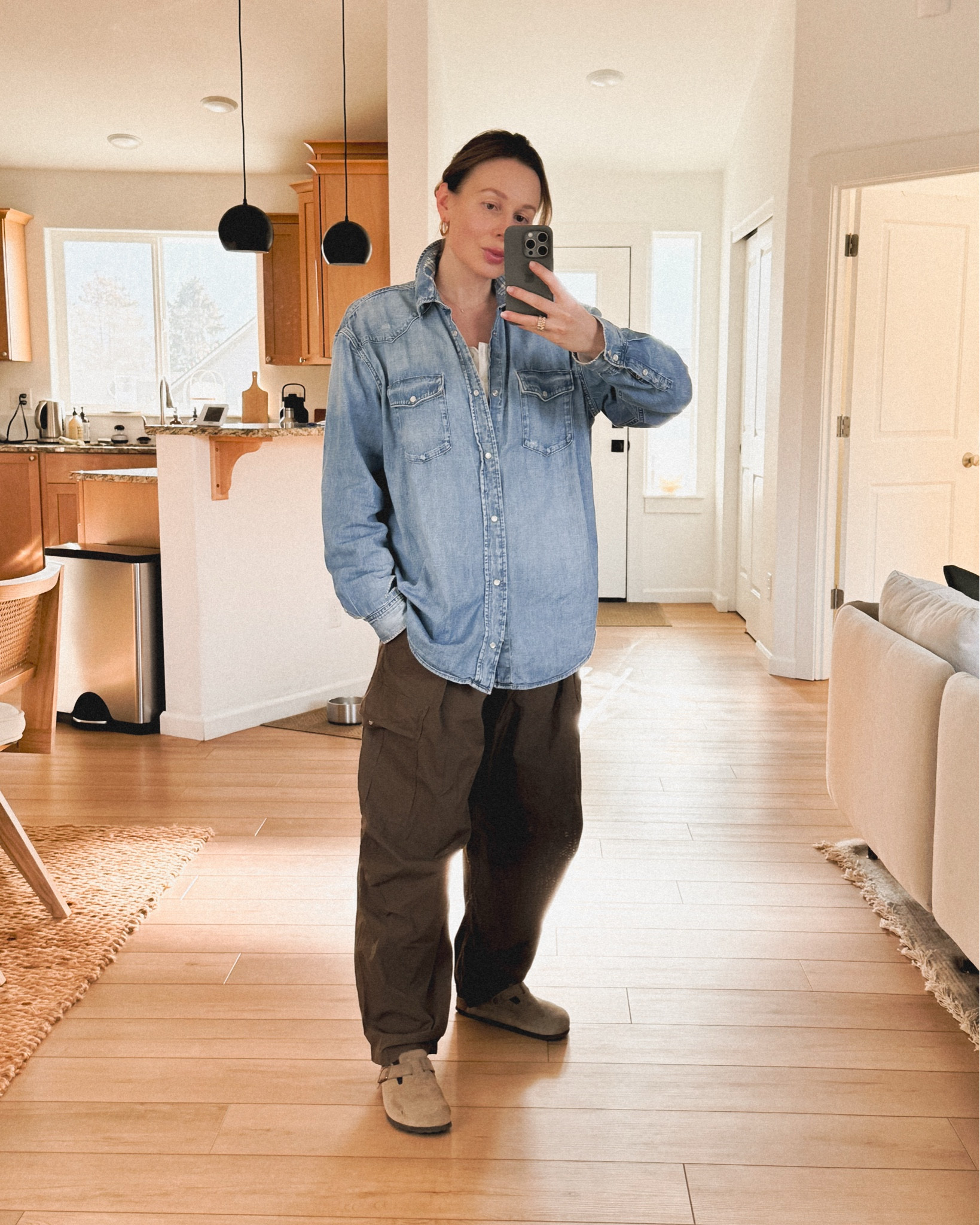 OOtD: inspired by The Row look book (slide 2). 
Wearing Marant Etoile Rebecca cargo pants+ Polo Ralph Lauren flannel trimmed distressed denim shirt+ Birkenstock Boston clogs
Jewelry: Golden hoop earrings + Mejuri Charlotte diamond ring + Patra ring 

#LTKSeasonal #LTKSaleAlert #LTKStyleTip
