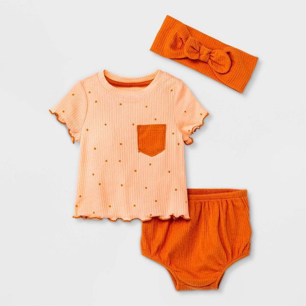 Baby Girls' Peach Dot Rib Short Sleeve Top & Bottom Set with Headband - Cat & Jack™ Peach Orang... | Target