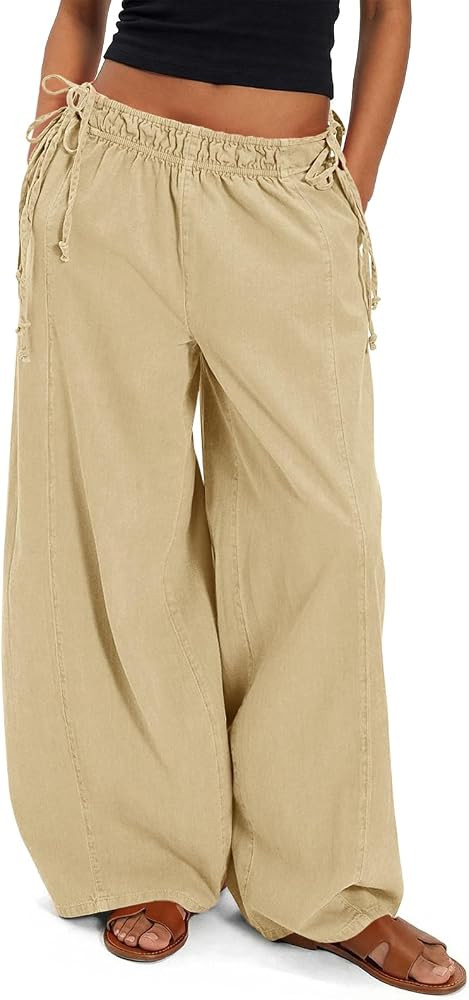 Fisoew Womens Wide Leg Casual Pants Summer Drawstring Elastic Waist Loose Cotton Pants with Pocke... | Amazon (US)