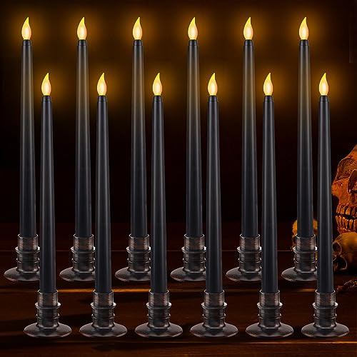 12 packs Black Halloween Candles- LED Flameless Candles with Bases, Flicker Flame, Tall Taper Candles Battery Operated, Smokeless Dripless Candles for Fireplace Diningtable School Bar Halloween Decor | Amazon (US)