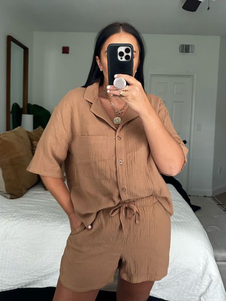 Women's 100% Cotton Gauze Short Sleeve Notch Collar Top - Stars Above™ Brown wearing size medium $16.  Women's Cotton Gauze Shorts - Stars Above™ Brown wearing size medium $14
 Perfect 2-piece set outfit for summer nights, lounging around, and casual cozy outfits. 