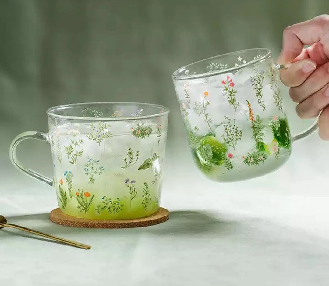 Floral Glass Mug Tea Cup  Hot or Cold Beverages  Measuring - Etsy | Etsy (US)
