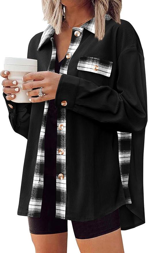 Zeagoo Womens Corduroy Flannel Shacket Jacket Casual Plaid Button Down Shirts Long Sleeve Fall To... | Amazon (US)