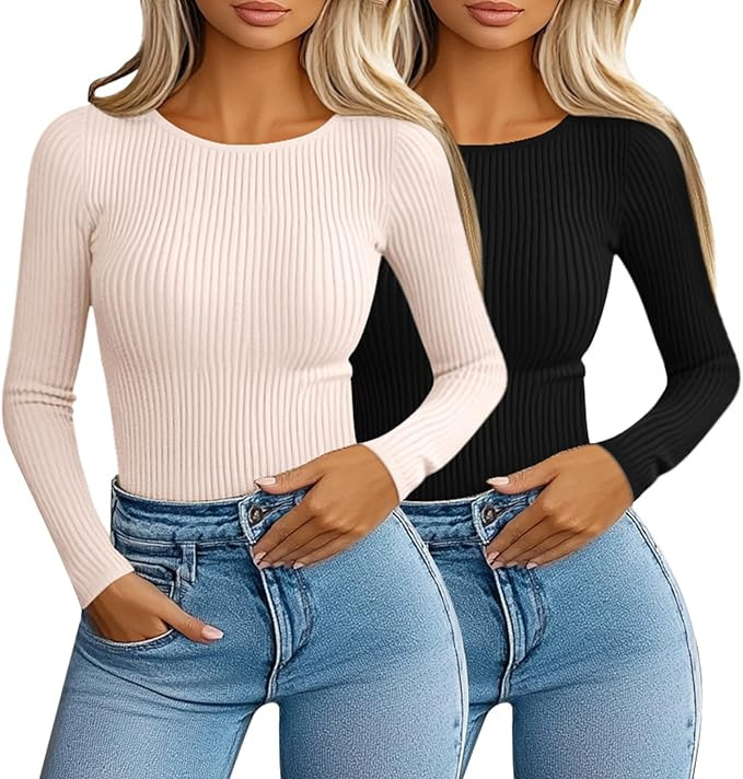 Riyiper 2 Pack Women Ribbed Sweaters Long Sleeve Shirts Crew Neck 2024 Trendy Fall Knit Tops Wint... | Amazon (US)
