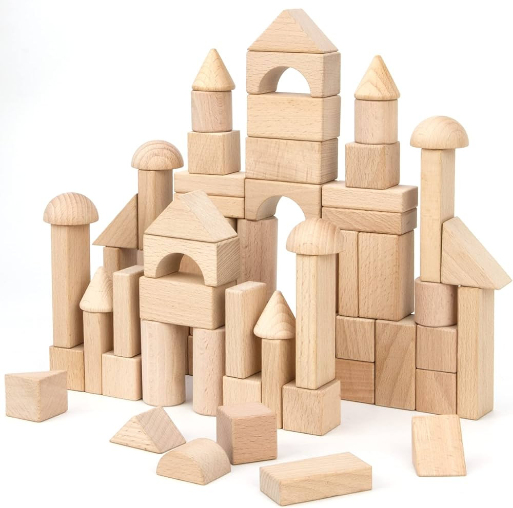 Wooden Building Blocks Set, 80 PCS Natural Wood Stacking Block Toy with Carrying Bag, Montessori ... | Amazon (US)