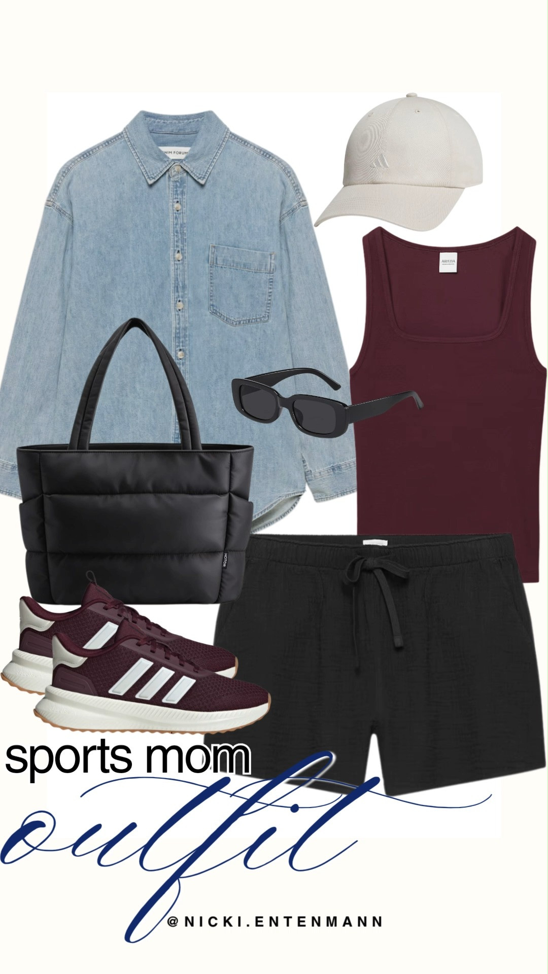 Nail sideline style with this comfortable sports mom outfit edit. A burgundy ribbed tank top pairs with casual black drawstring shorts and an oversized light wash denim button-down for easy layering. Burgundy Adidas sneakers, a black puffer tote bag, rectangular sunglasses, and a off-white baseball cap finish this preppy casual look.

#sportsmom #sidelinestyle #casualoutfit #athleisure #everydaystyle #preppycasual #outfitinspiration 

 #LTKootd #LTKmomlife #LTKTravel